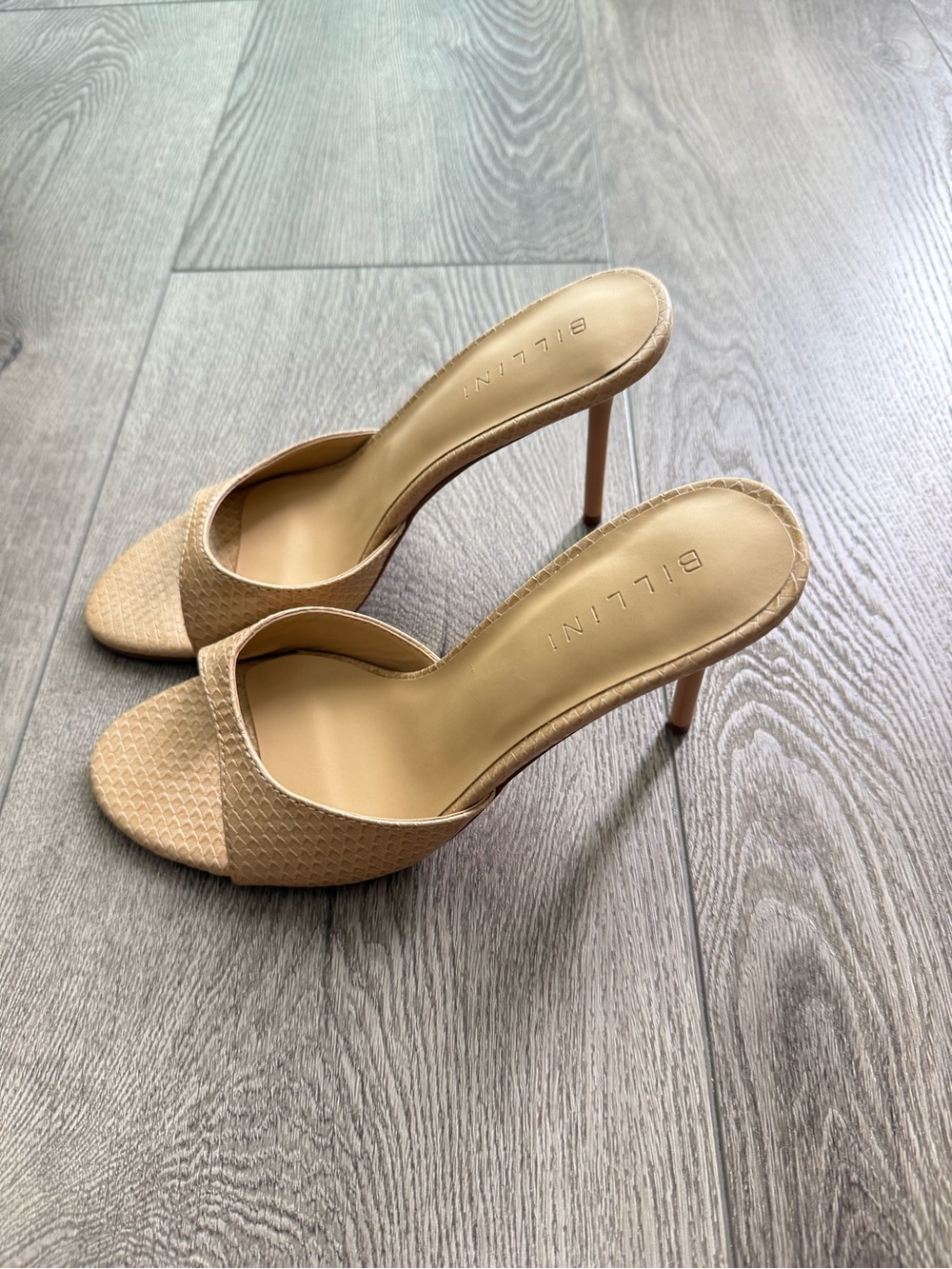 billini xalani tan scale slip one open toe mules high heel shoes size 6 NEW